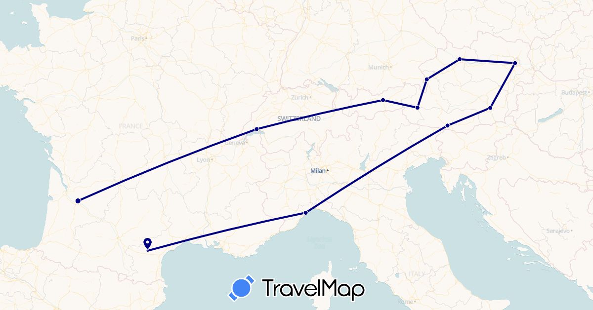 TravelMap itinerary: driving in Austria, Switzerland, France, Italy (Europe)